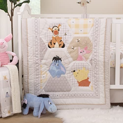 Product: Disney Winnie The Pooh Hugs and Honeycombs Grey, White, and Tan Patchwork with Piglet, Tigger and Eeyore 3 Piece Crib Bedding Set - Comforter, 100% Cotton Fitted Crib Sheet, and Crib Skirt