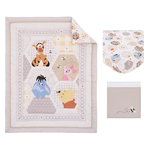 Product: Disney Winnie The Pooh Hugs and Honeycombs Grey, White, and Tan Patchwork with Piglet, Tigger and Eeyore 3 Piece Crib Bedding Set - Comforter, 100% Cotton Fitted Crib Sheet, and Crib Skirt