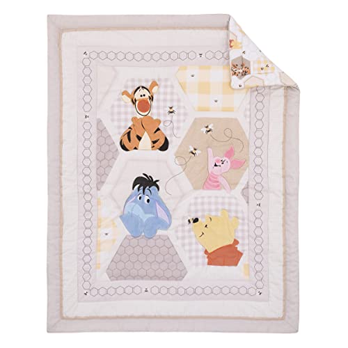 Product: Disney Winnie The Pooh Hugs and Honeycombs Grey, White, and Tan Patchwork with Piglet, Tigger and Eeyore 3 Piece Crib Bedding Set - Comforter, 100% Cotton Fitted Crib Sheet, and Crib Skirt