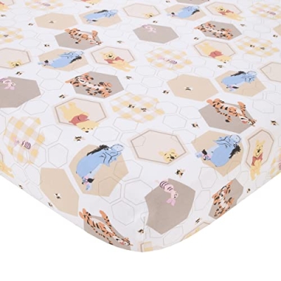 Product: Disney Winnie The Pooh Hugs and Honeycombs Grey, White, and Tan Patchwork with Piglet, Tigger and Eeyore 3 Piece Crib Bedding Set - Comforter, 100% Cotton Fitted Crib Sheet, and Crib Skirt