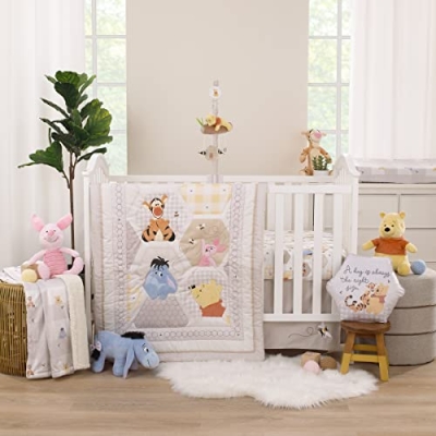 Product: Disney Winnie The Pooh Hugs and Honeycombs Grey, White, and Tan Patchwork with Piglet, Tigger and Eeyore 3 Piece Crib Bedding Set - Comforter, 100% Cotton Fitted Crib Sheet, and Crib Skirt
