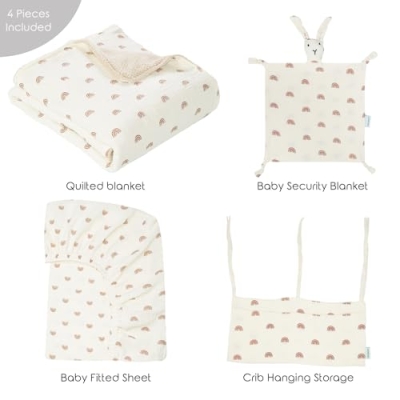 Product: Dormlony 4-Piece Baby Crib Bedding Set,Muslin Cotton Quilted Blanket with Fitted Sheet,Baby Security Blanket and Crib Hanging Storage,Rainbow.
