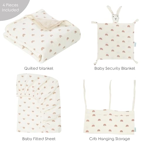 Product: Dormlony 4-Piece Baby Crib Bedding Set,Muslin Cotton Quilted Blanket with Fitted Sheet,Baby Security Blanket and Crib Hanging Storage,Rainbow.