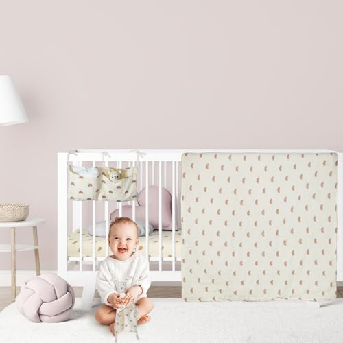Product: Dormlony 4-Piece Baby Crib Bedding Set,Muslin Cotton Quilted Blanket with Fitted Sheet,Baby Security Blanket and Crib Hanging Storage,Rainbow.