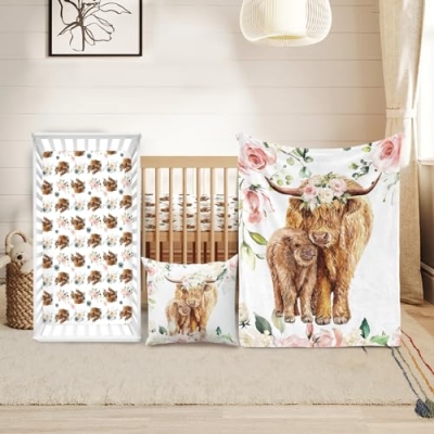 Product: Duckbe Baby Crib Bedding Set - Highland Cow Design Nursery Bedding 3 Pcs Set - Chic Soft Blanket, Sheet, Pillowcase for Newborns Boys Girls Gifts Color25