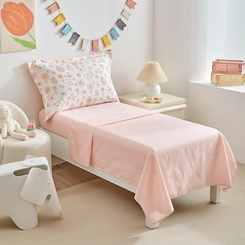 Pink Floral Girls Toddler Bedding Set, Reversible Comforter 4 Piece, Crib Sheet Set, 42x58in Bed Quilt, 107x148cm 3 Product: DuShow Floral 4 Piece Girls Toddler Bed Comforter Set Pink Flower Reversible Toddler Bedding Set Soft Baby Crib Bed Sheets Set in a Bag | Include Quilt Comforter,Flat Sheet,Fitted Sheet,Pillowcase