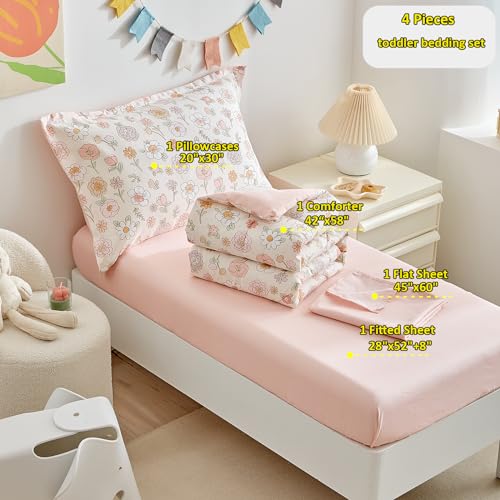 Pink Floral Girls Toddler Bedding Set, Reversible Comforter 4 Piece, Crib Sheet Set, 42x58in Bed Quilt, 107x148cm 4 Product: DuShow Floral 4 Piece Girls Toddler Bed Comforter Set Pink Flower Reversible Toddler Bedding Set Soft Baby Crib Bed Sheets Set in a Bag | Include Quilt Comforter,Flat Sheet,Fitted Sheet,Pillowcase