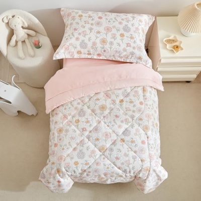 Pink Floral Girls Toddler Bedding Set, Reversible Comforter 4 Piece, Crib Sheet Set, 42x58in Bed Quilt, 107x148cm 8 Product: DuShow Floral 4 Piece Girls Toddler Bed Comforter Set Pink Flower Reversible Toddler Bedding Set Soft Baby Crib Bed Sheets Set in a Bag | Include Quilt Comforter,Flat Sheet,Fitted Sheet,Pillowcase