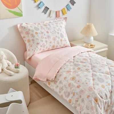 Pink Floral Girls Toddler Bedding Set, Reversible Comforter 4 Piece, Crib Sheet Set, 42x58in Bed Quilt, 107x148cm 7 Product: DuShow Floral 4 Piece Girls Toddler Bed Comforter Set Pink Flower Reversible Toddler Bedding Set Soft Baby Crib Bed Sheets Set in a Bag | Include Quilt Comforter,Flat Sheet,Fitted Sheet,Pillowcase