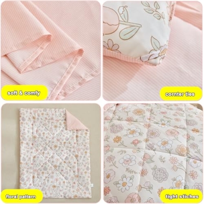 Pink Floral Girls Toddler Bedding Set, Reversible Comforter 4 Piece, Crib Sheet Set, 42x58in Bed Quilt, 107x148cm 11 Product: DuShow Floral 4 Piece Girls Toddler Bed Comforter Set Pink Flower Reversible Toddler Bedding Set Soft Baby Crib Bed Sheets Set in a Bag | Include Quilt Comforter,Flat Sheet,Fitted Sheet,Pillowcase