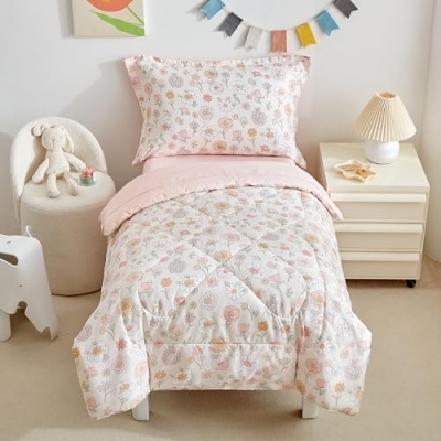 Product: DuShow Floral 4 Piece Girls Toddler Bed Comforter Set Pink Flower Reversible Toddler Bedding Set Soft Baby Crib Bed Sheets Set in a Bag | Include Quilt Comforter,Flat Sheet,Fitted Sheet,Pillowcase