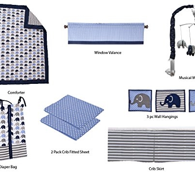 Product: Elephants Crib Bedding & Nursery Decor Set 10 pc Crib Bedding Set with 2 Crib Fitted Sheets (Blue Navy Gray)