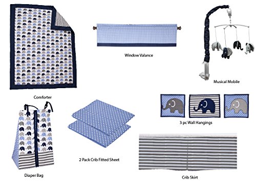 Product: Elephants Crib Bedding & Nursery Decor Set 10 pc Crib Bedding Set with 2 Crib Fitted Sheets (Blue Navy Gray)