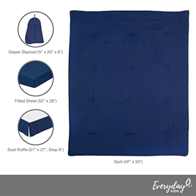 EVERYDAY KIDS Navy Blue Crib Bedding Set for Boys, 4 Piece Quilt Sheet Dust Ruffle Diaper Stacker, Standard Crib Mattress 17 Product: EVERYDAY KIDS 4 Pc Crib Bedding for Boys Nursery Set Includes Baby Bed Quilt, Fitted Sheet, Dust Ruffle and Diaper Stacker- Nursery Bedding Set - Baby Crib Bedding Set in Navy