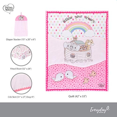 Product: EVERYDAY KIDS Precious Moments Noah’s Ark 4 Pc Crib Bedding for Girls Nursery Set Includes Baby Bed Quilt, Fitted Sheet, Dust Ruffle and Diaper Stacker with Sweet Images of Elephants and Giraffes