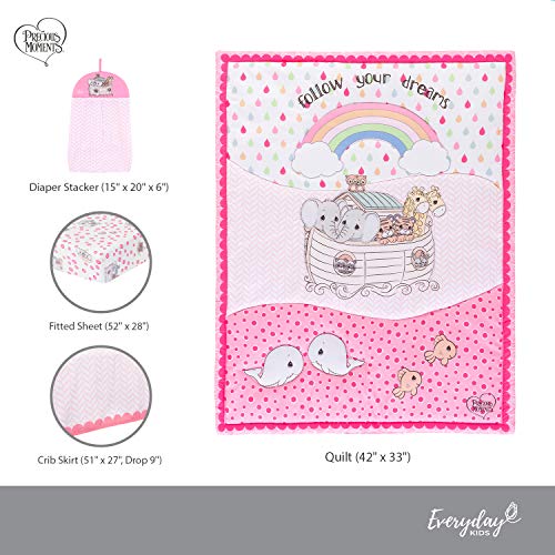 Product: EVERYDAY KIDS Precious Moments Noah’s Ark 4 Pc Crib Bedding for Girls Nursery Set Includes Baby Bed Quilt, Fitted Sheet, Dust Ruffle and Diaper Stacker with Sweet Images of Elephants and Giraffes