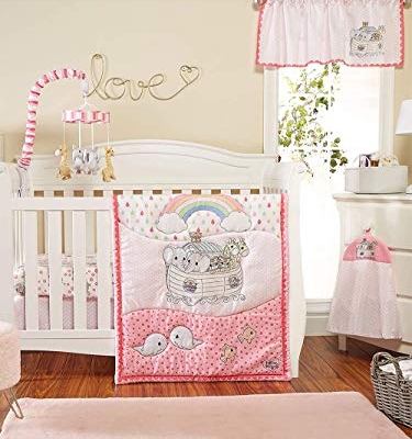 Product: EVERYDAY KIDS Precious Moments Noah’s Ark 4 Pc Crib Bedding for Girls Nursery Set Includes Baby Bed Quilt, Fitted Sheet, Dust Ruffle and Diaper Stacker with Sweet Images of Elephants and Giraffes