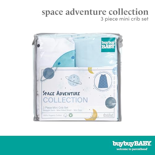 Organic Cotton Crib Bedding Set, Seafoam Green Cloud Nursery Bundle, 3 Piece Dreamer Baby Bedding, 100% Organic Cotton, Standard Crib 5 Product: Evolur Buybuy Baby Arctic Blue & Space Print 3 Piece Mini Crib Bedding Set, Machine Washable, Soft and Breathable Toddler Bedding Set, Includes Fitted Sheet, Comfortor and Crib Skirt