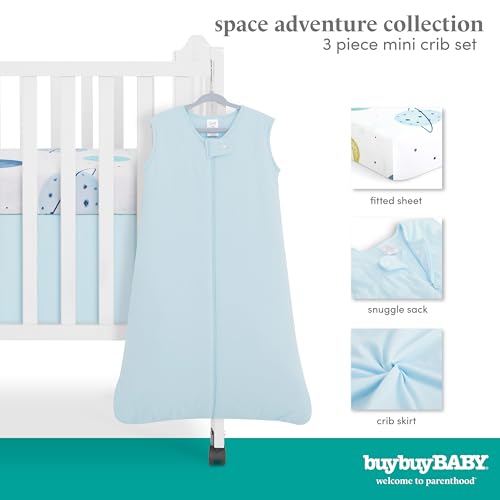Organic Cotton Crib Bedding Set, Seafoam Green Cloud Nursery Bundle, 3 Piece Dreamer Baby Bedding, 100% Organic Cotton, Standard Crib 1 Product: Evolur Buybuy Baby Arctic Blue & Space Print 3 Piece Mini Crib Bedding Set, Machine Washable, Soft and Breathable Toddler Bedding Set, Includes Fitted Sheet, Comfortor and Crib Skirt