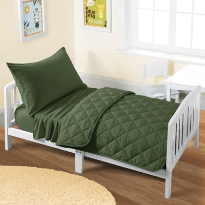 Product: FLXXIE 4 Pieces Toddler Bedding Set, Soft and Breathable Microfiber Crib Sheet Set, Includes Quilted Comforter, Flat Top Sheet, Fitted Sheet, Envelope Pillow Case for Boys and Girls, Olive