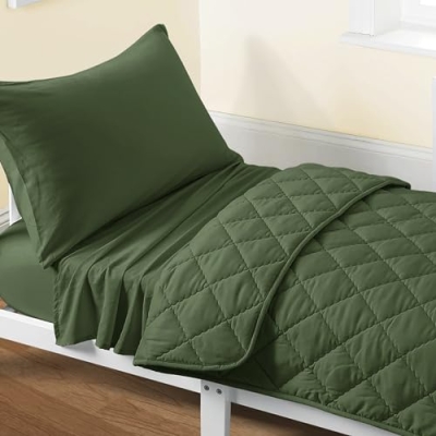 Product: FLXXIE 4 Pieces Toddler Bedding Set, Soft and Breathable Microfiber Crib Sheet Set, Includes Quilted Comforter, Flat Top Sheet, Fitted Sheet, Envelope Pillow Case for Boys and Girls, Olive