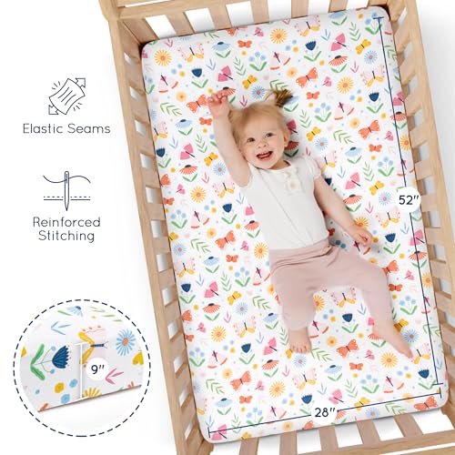 Butterflies Flowers Fitted Crib Sheets, Baby Girl Nursery Bedding, Soft Jersey Cotton, Pink White, 52x28x9in 3 Product: GROW WILD Butterflies & Flowers Fitted Crib Sheets Girl (3 Pack) - Soft Jersey Cotton Fitted Sheet, Toddler Bed Mattress & Baby Crib Bedding Set for Girls, Baby Girl Nursery Crib - Pink & White