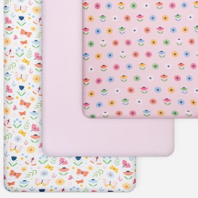 Butterflies Flowers Fitted Crib Sheets, Baby Girl Nursery Bedding, Soft Jersey Cotton, Pink White, 52x28x9in 9 Product: GROW WILD Butterflies & Flowers Fitted Crib Sheets Girl (3 Pack) - Soft Jersey Cotton Fitted Sheet, Toddler Bed Mattress & Baby Crib Bedding Set for Girls, Baby Girl Nursery Crib - Pink & White