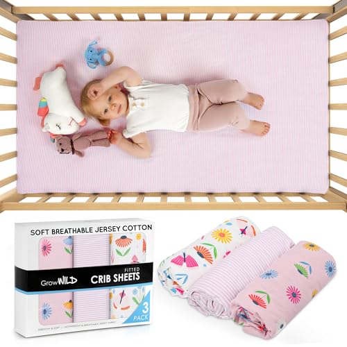 Butterflies Flowers Fitted Crib Sheets, Baby Girl Nursery Bedding, Soft Jersey Cotton, Pink White, 52x28x9in 1 Product: GROW WILD Butterflies & Flowers Fitted Crib Sheets Girl (3 Pack) - Soft Jersey Cotton Fitted Sheet, Toddler Bed Mattress & Baby Crib Bedding Set for Girls, Baby Girl Nursery Crib - Pink & White
