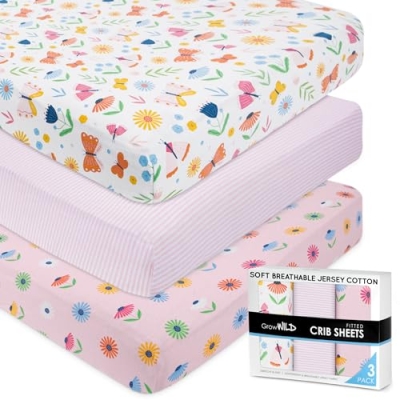 Product: GROW WILD Butterflies & Flowers Fitted Crib Sheets Girl (3 Pack) - Soft Jersey Cotton Fitted Sheet, Toddler Bed Mattress & Baby Crib Bedding Set for Girls, Baby Girl Nursery Crib - Pink & White