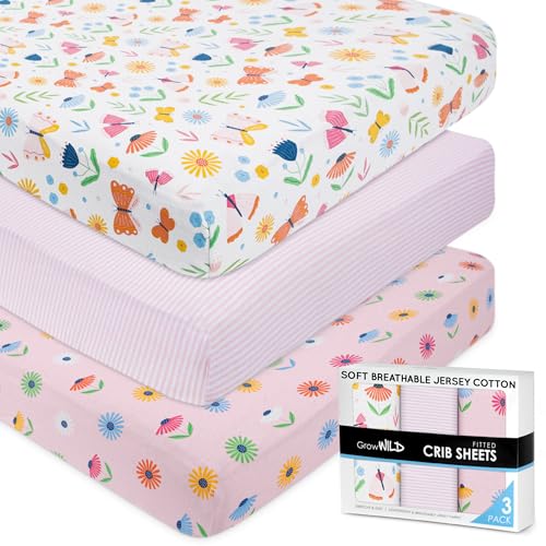 GROW WILD Butterflies & Flowers Fitted Crib Sheets Girl (3 Pack) - Soft Jersey Cotton Fitted Sheet, Toddler Bed Mattress & Baby Crib Bedding Set for Girls, Baby Girl Nursery Crib - Pink & White - Crib Bedding Sets Product: GROW WILD Butterflies & Flowers Fitted Crib Sheets Girl (3 Pack) - Soft Jersey Cotton Fitted Sheet, Toddler Bed Mattress & Baby Crib Bedding Set for Girls, Baby Girl Nursery Crib - Pink & White