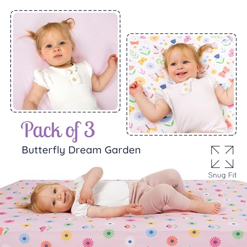 Butterflies Flowers Fitted Crib Sheets, Baby Girl Nursery Bedding, Soft Jersey Cotton, Pink White, 52x28x9in 6 Product: GROW WILD Butterflies & Flowers Fitted Crib Sheets Girl (3 Pack) - Soft Jersey Cotton Fitted Sheet, Toddler Bed Mattress & Baby Crib Bedding Set for Girls, Baby Girl Nursery Crib - Pink & White