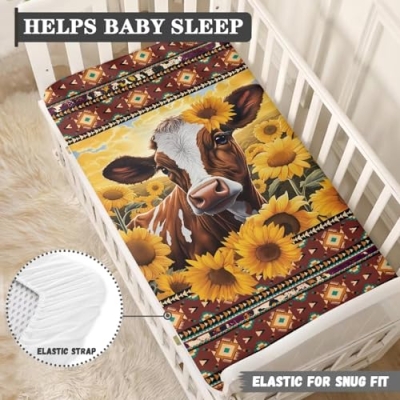 Product: Guosanchn Sunflower Cow Fitted Crib Sheet for Baby Girls Boys Bed Sheet Set Southwest Aztec Toddler Mattress Sheets for Standard Crib 28" x 52" Nursery Bedding Sets