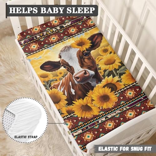 Product: Guosanchn Sunflower Cow Fitted Crib Sheet for Baby Girls Boys Bed Sheet Set Southwest Aztec Toddler Mattress Sheets for Standard Crib 28" x 52" Nursery Bedding Sets
