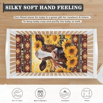 Product: Guosanchn Sunflower Cow Fitted Crib Sheet for Baby Girls Boys Bed Sheet Set Southwest Aztec Toddler Mattress Sheets for Standard Crib 28" x 52" Nursery Bedding Sets