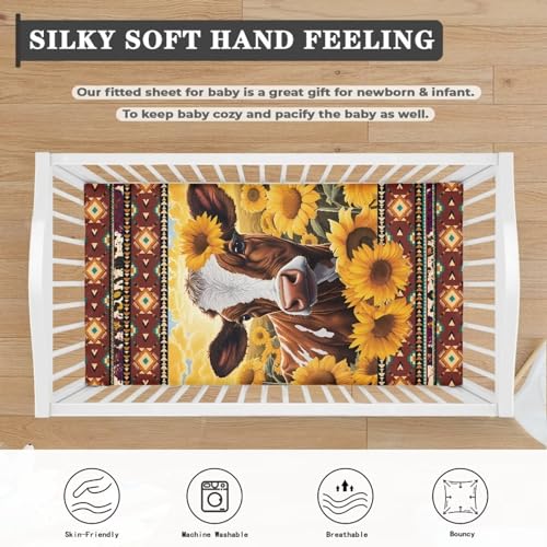 Product: Guosanchn Sunflower Cow Fitted Crib Sheet for Baby Girls Boys Bed Sheet Set Southwest Aztec Toddler Mattress Sheets for Standard Crib 28" x 52" Nursery Bedding Sets