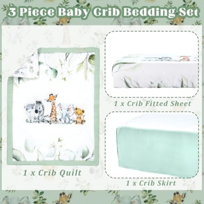 Safari Animals Eucalyptus Crib Bedding, Watercolor Quilt Sheet Skirt Set, Gender Neutral Nursery, 3 Piece 120cm 8 Product: Hahafelt 3 Pcs Baby Crib Bedding Set Safari Animals Dinosaurs Teddy Bear Woodland Animals Jungle Crib Set Includes Quilt, Fitted Sheet, Skirt for Baby Boy Girl (Light Blue,Safari)