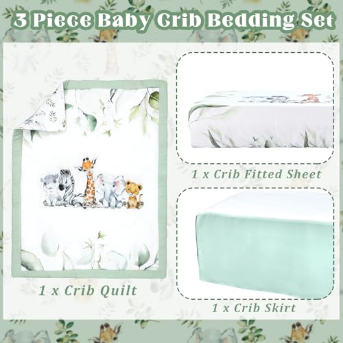 Safari Animals Eucalyptus Crib Bedding, Watercolor Quilt Sheet Skirt Set, Gender Neutral Nursery, 3 Piece 120cm 1 Product: Hahafelt 3 Pcs Baby Crib Bedding Set Safari Animals Dinosaurs Teddy Bear Woodland Animals Jungle Crib Set Includes Quilt, Fitted Sheet, Skirt for Baby Boy Girl (Light Blue,Safari)