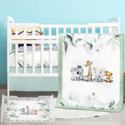 Product: Hahafelt 3 Pcs Baby Crib Bedding Set Safari Animals Dinosaurs Teddy Bear Woodland Animals Jungle Crib Set Includes Quilt, Fitted Sheet, Skirt for Baby Boy Girl (Light Blue,Safari)