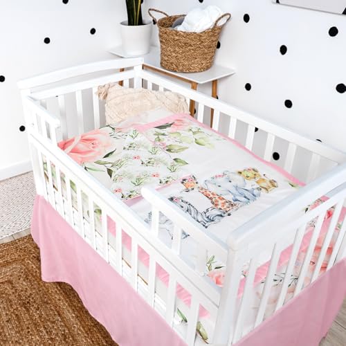 Product: Hahafelt 3 Pcs Baby Crib Bedding Set Safari Animals Dinosaurs Teddy Bear Woodland Animals Jungle Crib Set Includes Quilt, Fitted Sheet, Skirt for Baby Boy Girl(Pink,Safari)