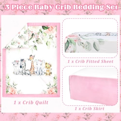 Product: Hahafelt 3 Pcs Baby Crib Bedding Set Safari Animals Dinosaurs Teddy Bear Woodland Animals Jungle Crib Set Includes Quilt, Fitted Sheet, Skirt for Baby Boy Girl(Pink,Safari)