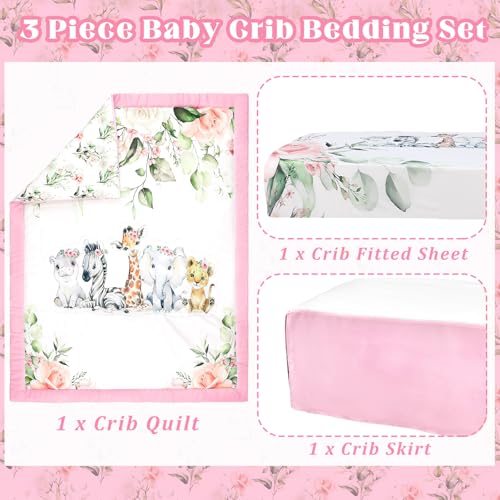 Product: Hahafelt 3 Pcs Baby Crib Bedding Set Safari Animals Dinosaurs Teddy Bear Woodland Animals Jungle Crib Set Includes Quilt, Fitted Sheet, Skirt for Baby Boy Girl(Pink,Safari)