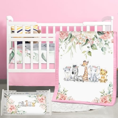 Product: Hahafelt 3 Pcs Baby Crib Bedding Set Safari Animals Dinosaurs Teddy Bear Woodland Animals Jungle Crib Set Includes Quilt, Fitted Sheet, Skirt for Baby Boy Girl(Pink,Safari)
