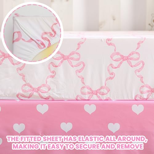Product: Hahafelt 3 Pcs Baby Girls Crib Bedding Set Coquette Pink Bow Baby Bedding Set for Girls Coquettish Pink Heart Bow Infant Nursery Includes Quilt, Fitted Crib Sheet and Skirt
