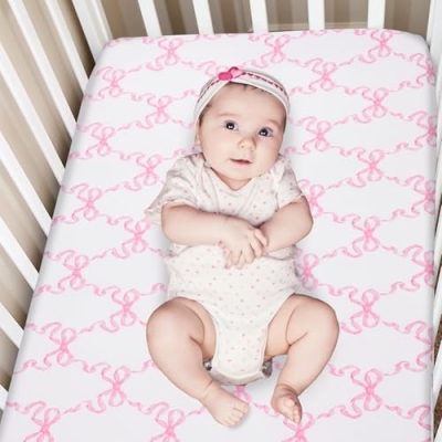 Product: Hahafelt 3 Pcs Baby Girls Crib Bedding Set Coquette Pink Bow Baby Bedding Set for Girls Coquettish Pink Heart Bow Infant Nursery Includes Quilt, Fitted Crib Sheet and Skirt