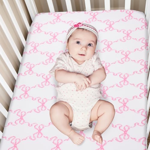 Product: Hahafelt 3 Pcs Baby Girls Crib Bedding Set Coquette Pink Bow Baby Bedding Set for Girls Coquettish Pink Heart Bow Infant Nursery Includes Quilt, Fitted Crib Sheet and Skirt