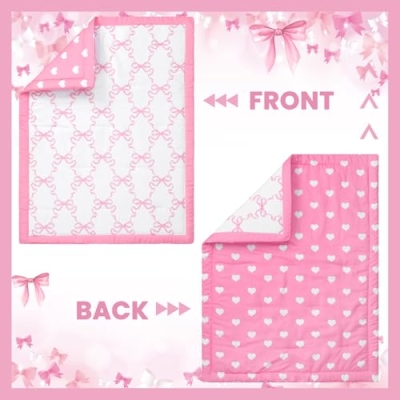 Product: Hahafelt 3 Pcs Baby Girls Crib Bedding Set Coquette Pink Bow Baby Bedding Set for Girls Coquettish Pink Heart Bow Infant Nursery Includes Quilt, Fitted Crib Sheet and Skirt