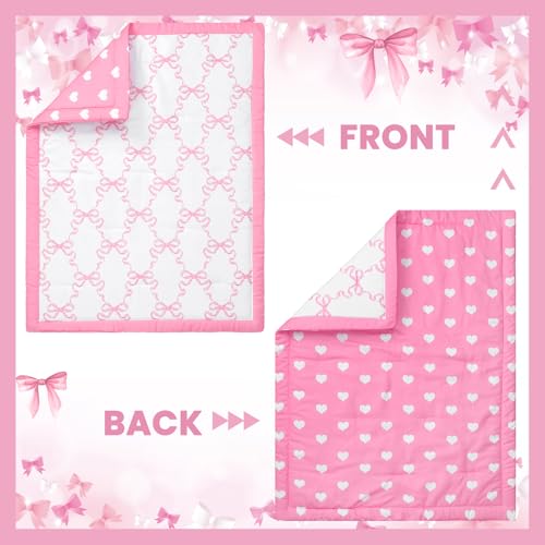 Product: Hahafelt 3 Pcs Baby Girls Crib Bedding Set Coquette Pink Bow Baby Bedding Set for Girls Coquettish Pink Heart Bow Infant Nursery Includes Quilt, Fitted Crib Sheet and Skirt