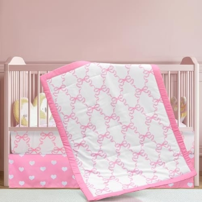 Product: Hahafelt 3 Pcs Baby Girls Crib Bedding Set Coquette Pink Bow Baby Bedding Set for Girls Coquettish Pink Heart Bow Infant Nursery Includes Quilt, Fitted Crib Sheet and Skirt
