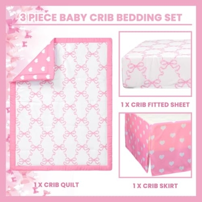 Product: Hahafelt 3 Pcs Baby Girls Crib Bedding Set Coquette Pink Bow Baby Bedding Set for Girls Coquettish Pink Heart Bow Infant Nursery Includes Quilt, Fitted Crib Sheet and Skirt