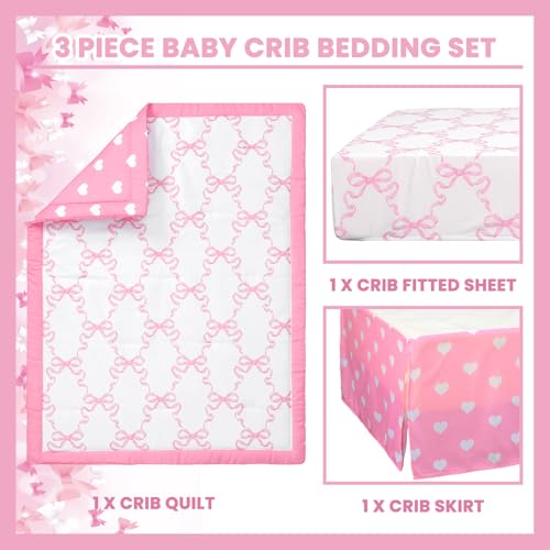 Product: Hahafelt 3 Pcs Baby Girls Crib Bedding Set Coquette Pink Bow Baby Bedding Set for Girls Coquettish Pink Heart Bow Infant Nursery Includes Quilt, Fitted Crib Sheet and Skirt